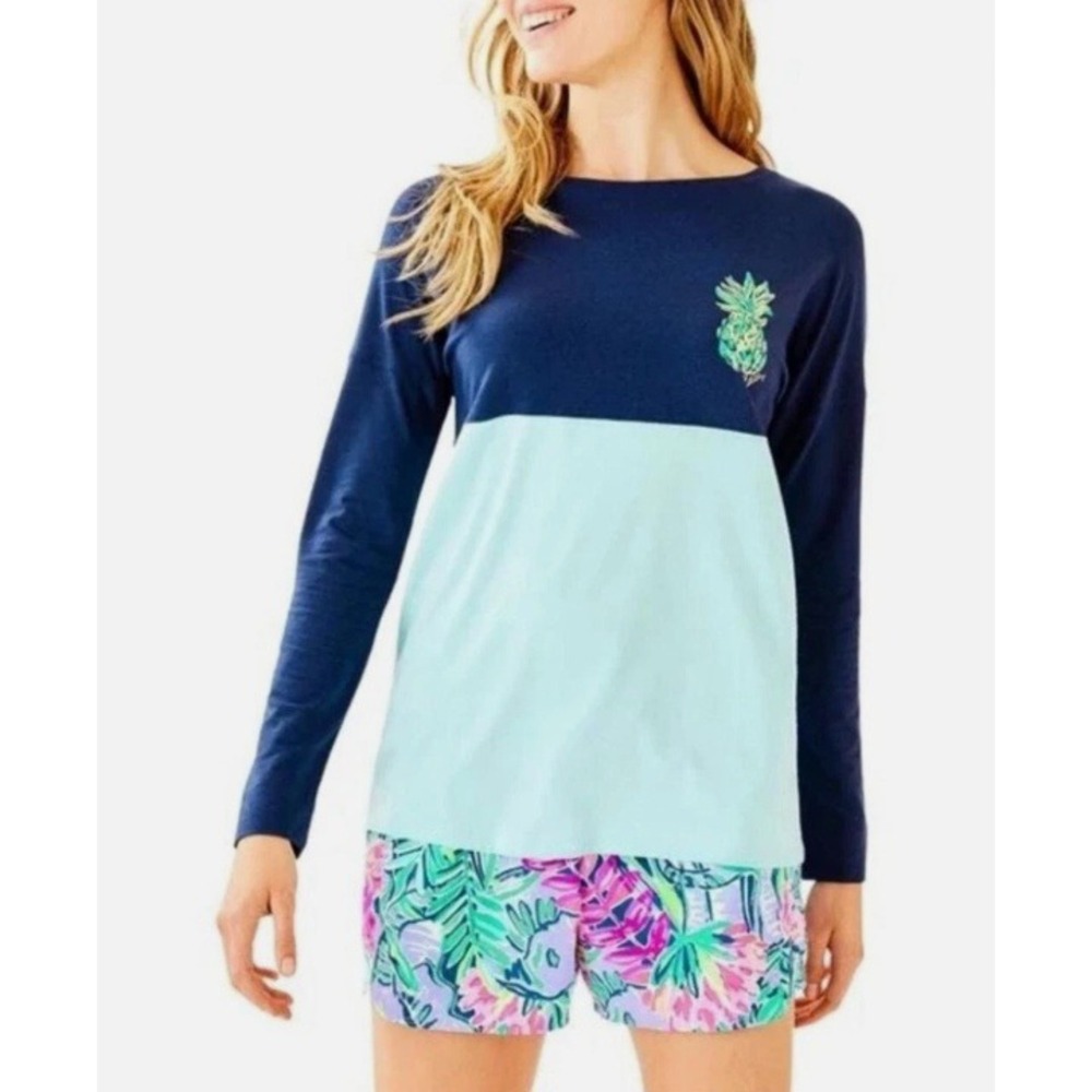 Lilly Pulitzer Finn Top Medium Navy Blue Aqua Pineapple Long Sleeve